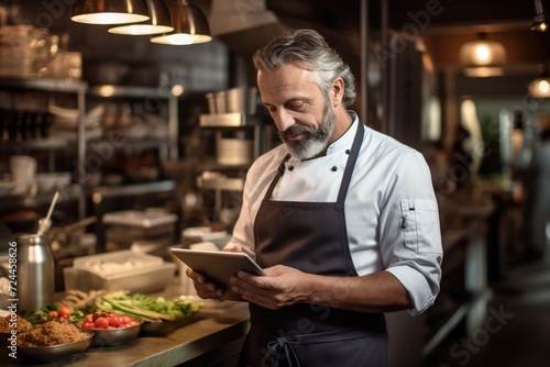 A man stands in a kitchen  using a tablet as a helpful guide for cooking  Restaurant chef orders groceries to kitchen using tablet  AI Generated