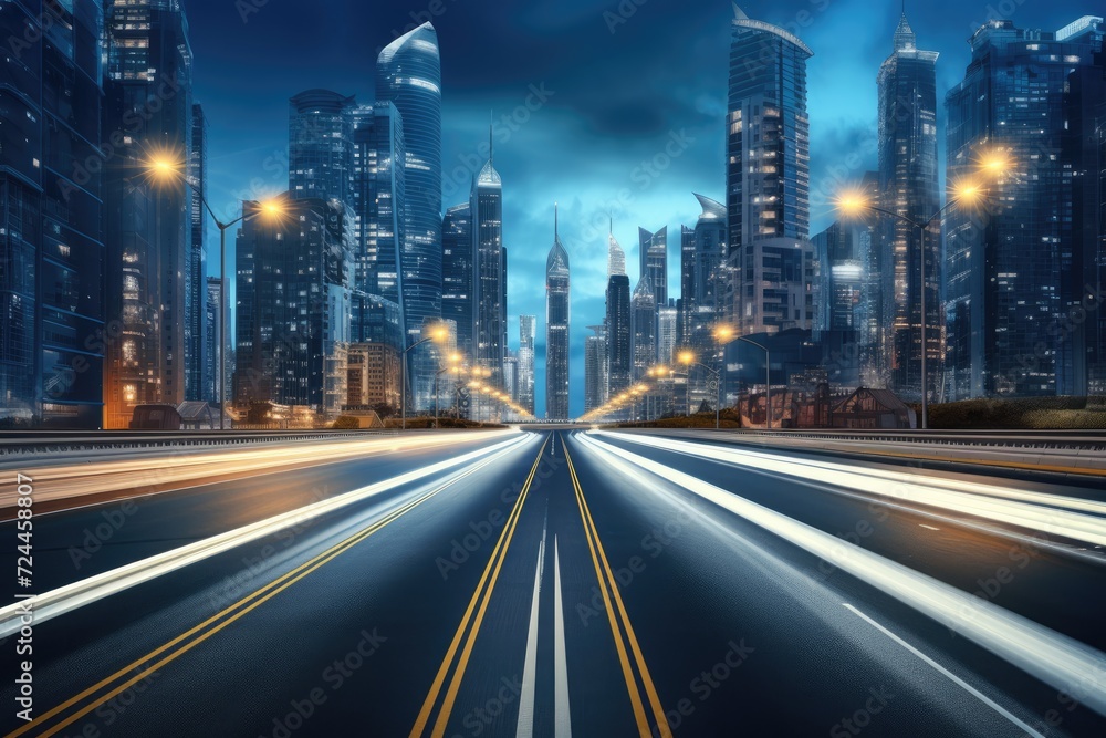 The image captures a deserted highway in a big city, illuminated only by the soft glow of streetlights, road in city with skyscrapers and car traffic light trails, AI Generated