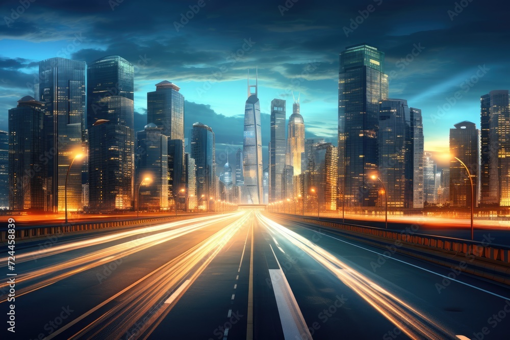 Obraz premium A bustling highway at night, illuminated by numerous bright lights in its center, road in city with skyscrapers and car traffic light trails, AI Generated