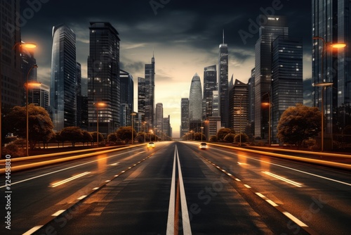 A busy city street lined with tall buildings and skyscrapers in a bustling urban downtown scene, road in city with skyscrapers and car traffic light trails, AI Generated © Iftikhar alam