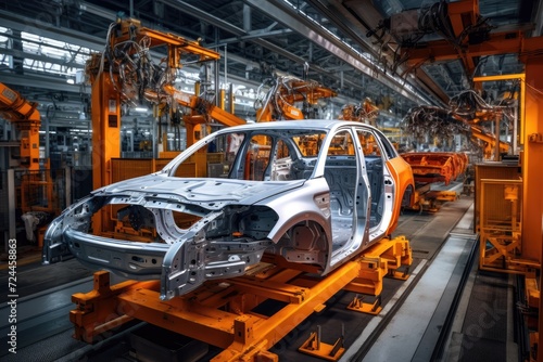 Witness the systematic assembly of a car as it goes through the production line at a manufacturing facility, Robotic assembly line in an automotive factory, AI Generated