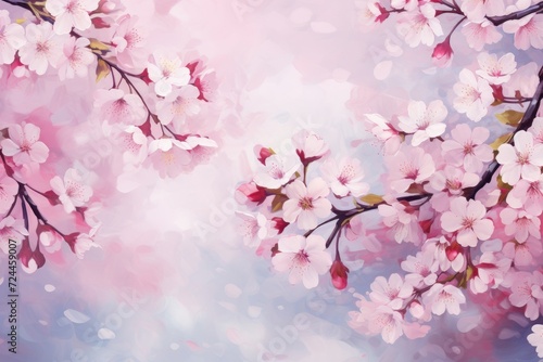 A vibrant painting featuring pink flowers against a soothing blue background  Sakura  Cherry blossom  Spring flowers  Floral background  AI Generated