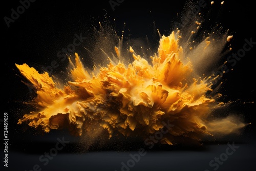 Witness a vibrant yellow substance soaring through the air with a sense of grace and energy, Sand explosion, with vibrant splashes of gold against a captivating dark background, AI Generated