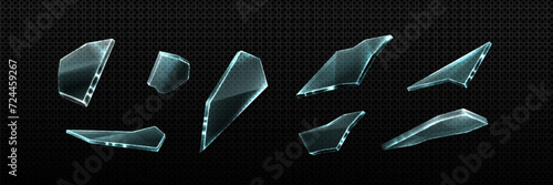 Broken glass shatter and piece. Realistic vector illustration set of explode mirror shard fragment. flying transparent sharp debris elements of smithereens beaten crystal or ice on dark background.