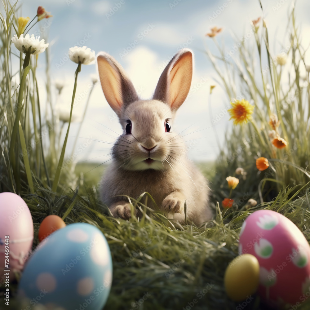 Fototapeta premium Easter bunny and eggs on green grass. Easter holidays concept.