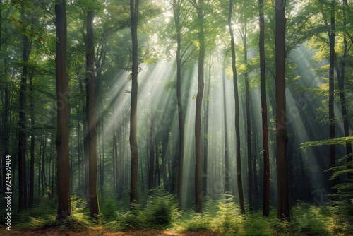Natural scene of sunlight shining through a beautiful forest.