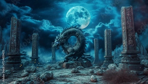 a sacred Chinese dragon statue with a view of a cloudy moon. seamless looping time-lapse virtual 4k video animation background. photo