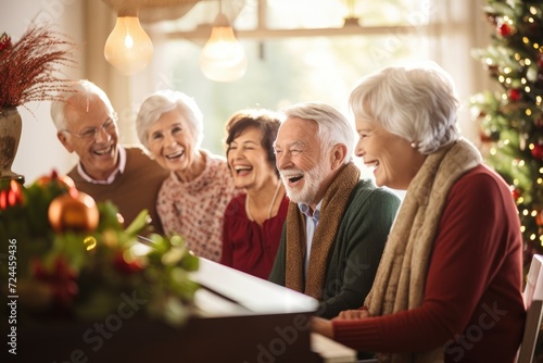 Group of Elderly People Sitting at Table Engaged in Discussion, Senior Friends Gathering Around a Piano, Singing Thanksgiving Songs with Heartfelt Joy, AI Generated