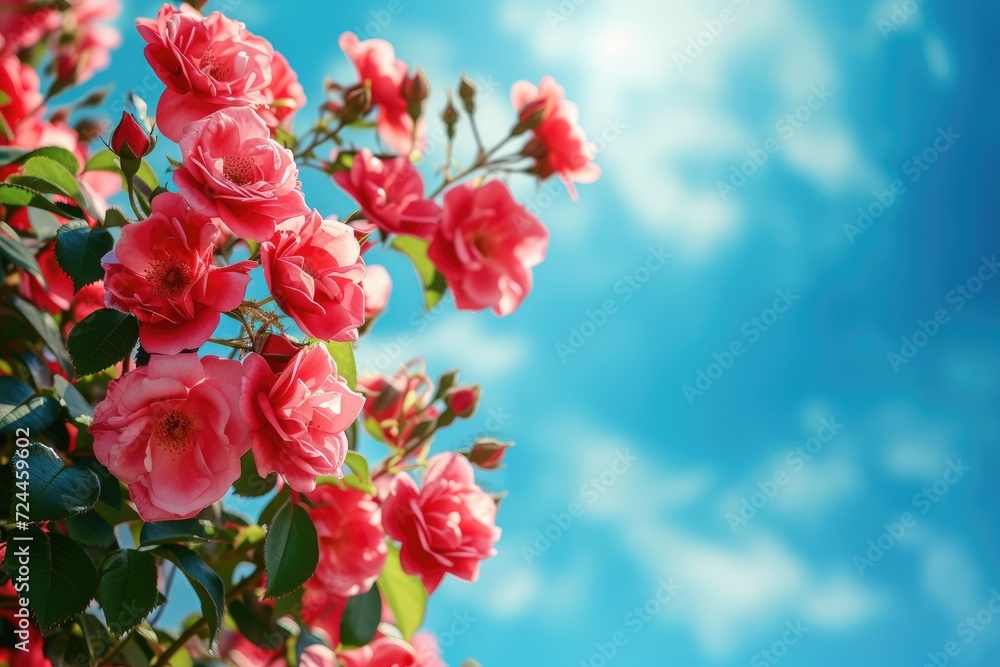 Beautiful Spring Border, Blooming Rose Bush on A Blue Background. Flowering Rose Hips Against the Blue Sky Beautiful Spring Border, Blooming Rose Bush on A Blue Background. Flowering Rose Hips Against the Blue Sky