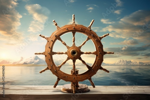 A ship wheel sitting serenely on top of a weathered wooden dock, symbolizing navigation and adventure by sea, ship wheel on boat with sea and sky, AI Generated