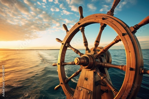 A ships steering wheel stands against a serene sunset, symbolizing the careful navigation of the ocean, ship wheel on boat with sea and sky, AI Generated