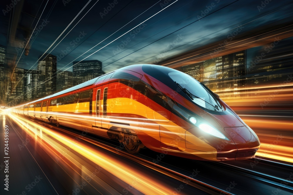 Red and Yellow Train Travelling Through City at Night, Shot of ultra fast modern train driving to his destination, fastest public transport, AI Generated Red and Yellow Train Travelling Through City at Night, Shot of ultra fast modern train driving to his destination, fastest public transport, AI Generated