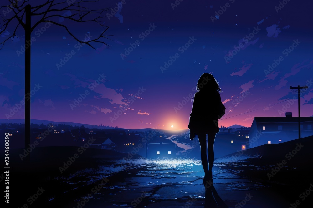 A woman walks confidently down a dimly lit street in a bustling city at ...