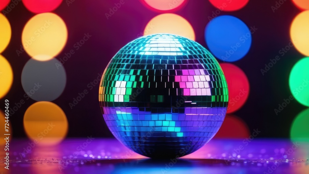 Obraz premium disco ball with disco lights. disco ball on a blue bokeh background, with reflection in the glass. concept of vacation, travel, Background for banner, flayer, advertising