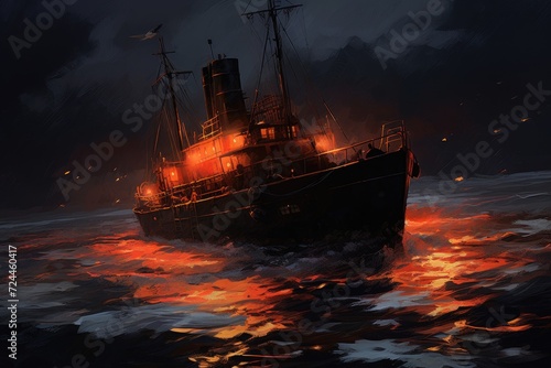 A stunning artwork depicting a boat sailing under a captivating night sky on the vast ocean, Small ship, sea, horror, dark, digital art, Disco Elysium, AI Generated