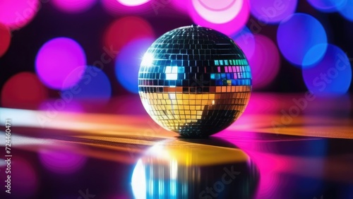 disco ball with disco lights. bokeh background  with reflection in glass. Creative color abstraction. Background for banner  flayer  advertising