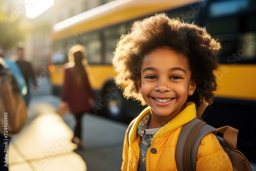 A young girl stands in front of a bus, smiling brightly with excitement, Smiling elementary student girl smiling and ready to board school bus, AI Generated
