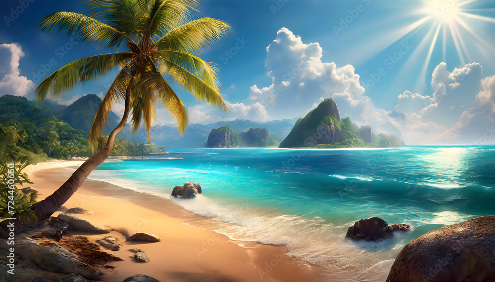 Blue sea and palm trees on tropical beach - obrazy, fototapety, plakaty 