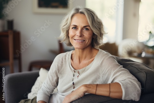 A woman happily sitting on a couch as she looks directly at the camera with a warm smile, Smiling middle aged woman sitting on sofa at home, AI Generated