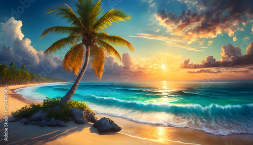 Blue sea and palm trees on tropical beach