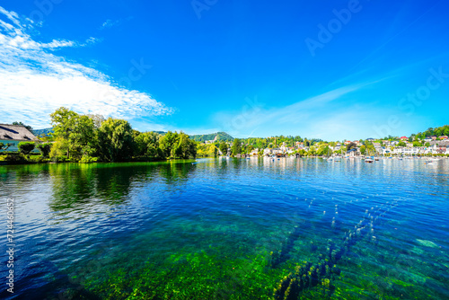 View of Traunsee and the surrounding landscape. Idyllic nature by the lake in Styria in Austria. Mountain lake at the Dead Mountains in the Salzkammergut. 
