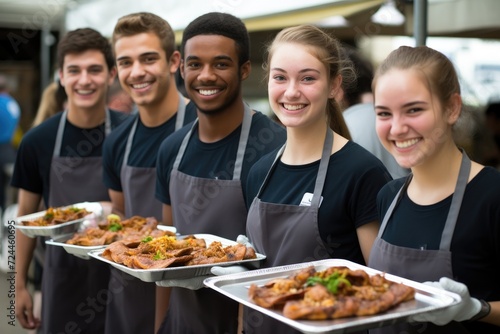 A dynamic image capturing a diverse group of individuals holding trays of delicious food  ready for a gathering or event  Smiling students standing in line holding food trays  AI Generated