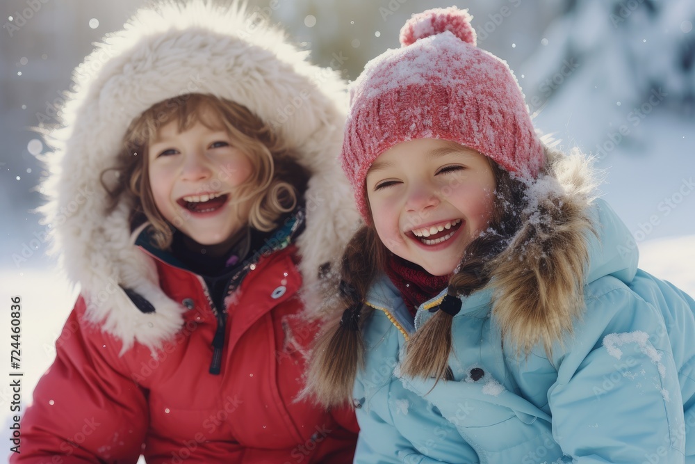 Fototapeta premium Two young girls enjoying a day in the snow as they sit together in winter, snow Days, Sunny Smiles Children's Happiness, AI Generated