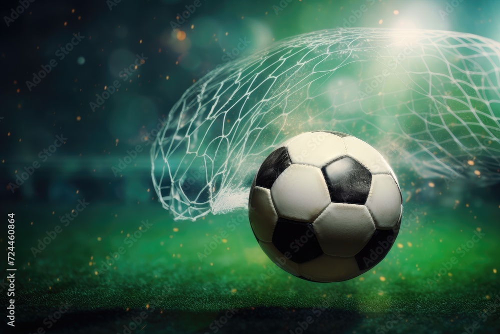 Naklejka premium A soccer ball sits in front of a net, poised and ready for play, Soccer ball kicked into the goal net on the football field background, AI Generated