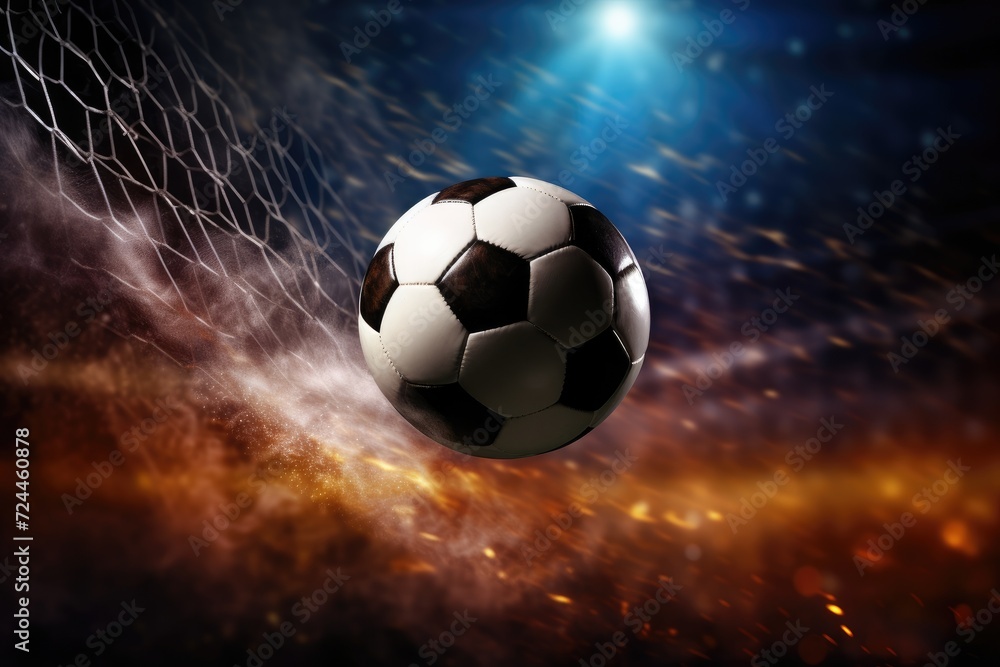 A soccer ball rests perfectly in the goal net, symbolizing victory and the successful completion of a winning shot, Soccer ball kicked into the goal net on the football field background, AI Generated