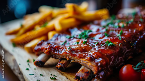 American smoked pork ribs with fries  BBQ  angle view  ultra realistic food photography