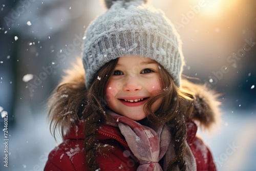 This adorable little girl looks cozy and cute in her winter outfit, wearing a hat and scarf while playing in the snow, snow Days, Sunny Smiles Children's Happiness, AI Generated photo