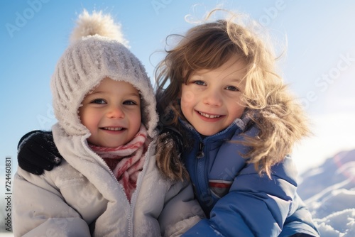 Two young girls stand together, smiling, for a charming photo in the white winter wonderland, snow Days, Sunny Smiles Children's Happiness, AI Generated