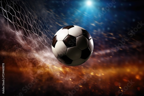 A soccer ball rests perfectly in the goal net  symbolizing victory and the successful completion of a winning shot  Soccer ball kicked into the goal net on the football field background  AI Generated