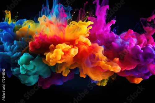 Vibrant Inks Suspended in Air, Creating a Mesmerizing Display, Splash of color paint, water or smoke on dark background, AI Generated