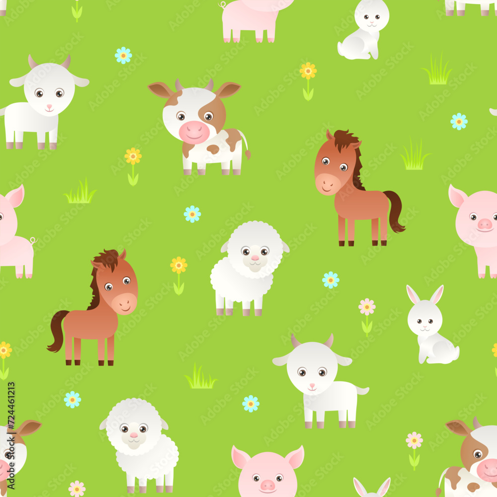 Seamless pattern with cute farm animals on green meadow. Babies background. Vector cartoon illustration.