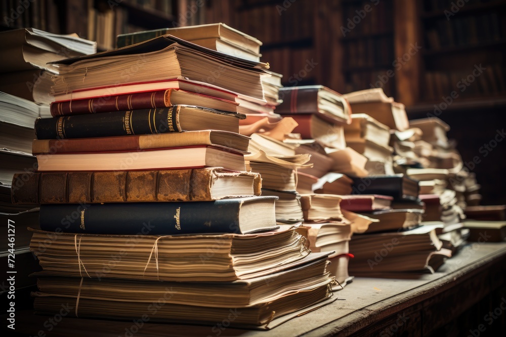 A collection of books stacked neatly on a table, ready to be delved ...