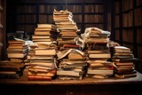 A neatly arranged pile of books resting on a classic wooden table, inviting readers to explore knowledge, stack of old books and document files and archives, AI Generated