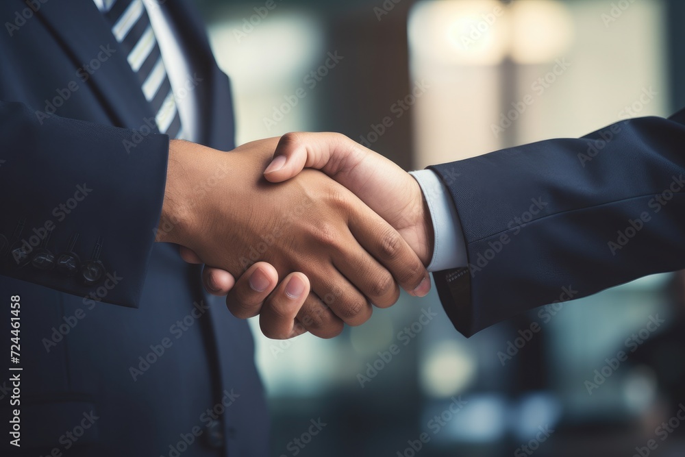 Two professional men wearing suits confidently shake hands while standing in a room, successful business agreement contract dealing businessman handshake close up, AI Generated Two professional men wearing suits confidently shake hands while standing in a room, successful business agreement contract dealing businessman handshake close up, AI Generated