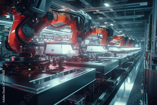An industrial factory bustling with robots diligently performing tasks on various machines, Stunning image of electric vehicle battery packs assembly line, AI Generated