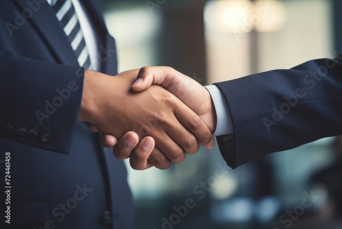 Two professional men wearing suits confidently shake hands while standing in a room, successful business agreement contract dealing businessman handshake close up, AI Generated