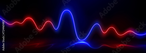 Neon laser wave for music equalizer concept. Realistic vector illustration of abstract red and blue glow line as sound energy pulse. Gradient led fluorescent dynamic chart for synthwave design.