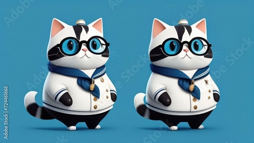 two cute fat sailor cats  glasses  dynamics  anthropomorphic  full body  isolated on a blue background  for a postcard  flyer