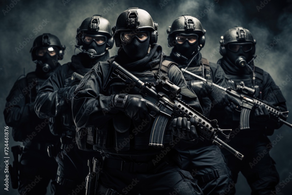 Naklejka premium A powerful image of a group of soldiers holding guns in their hands ready for action, Swat team in uniform with gun ready pose, AI Generated