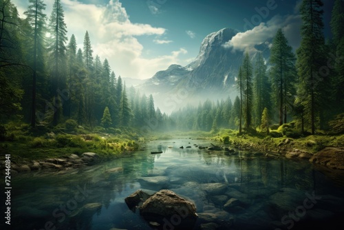 River Flowing Through Lush Green Forest, Serene Beauty of Nature, Sustainability net zero carbon negative forest nature Biodiversity Diversity, AI Generated