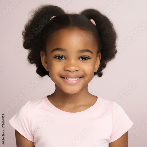 A photo of a little black girl (between 6 and 12 years old ) modeling for kids jewelry website . white background and wearing baby pink