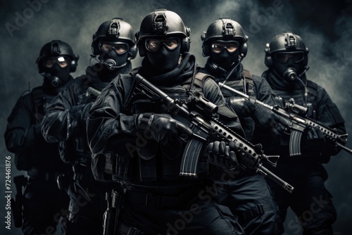 A powerful image of a group of soldiers holding guns in their hands ready for action, Swat team in uniform with gun ready pose, AI Generated photo