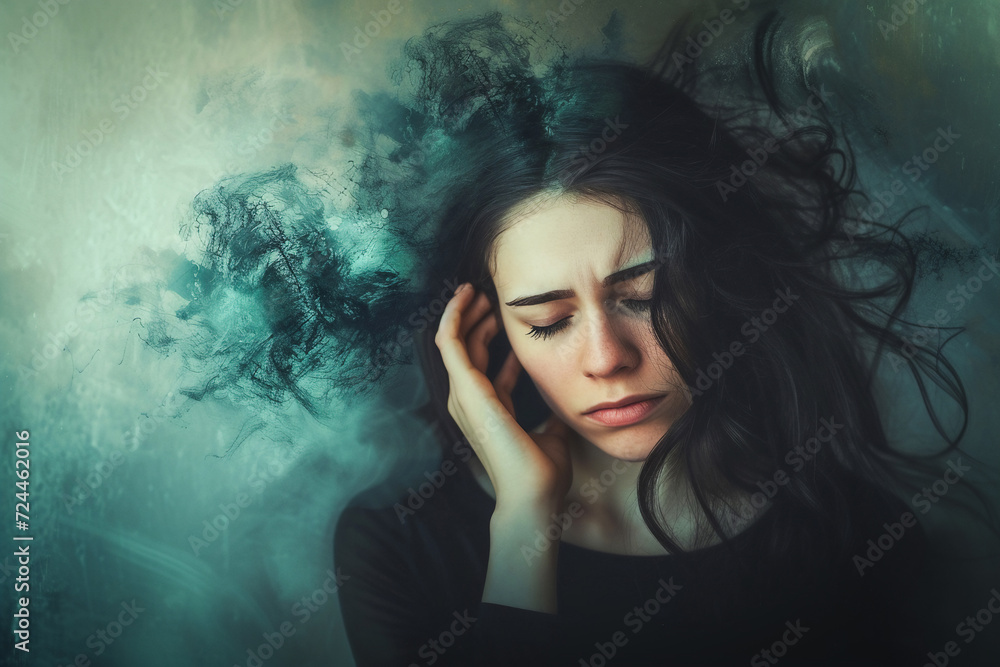 Surreal depressed woman suffered from mental illness,stressed,over thinking,anxiety,mental illness concept.