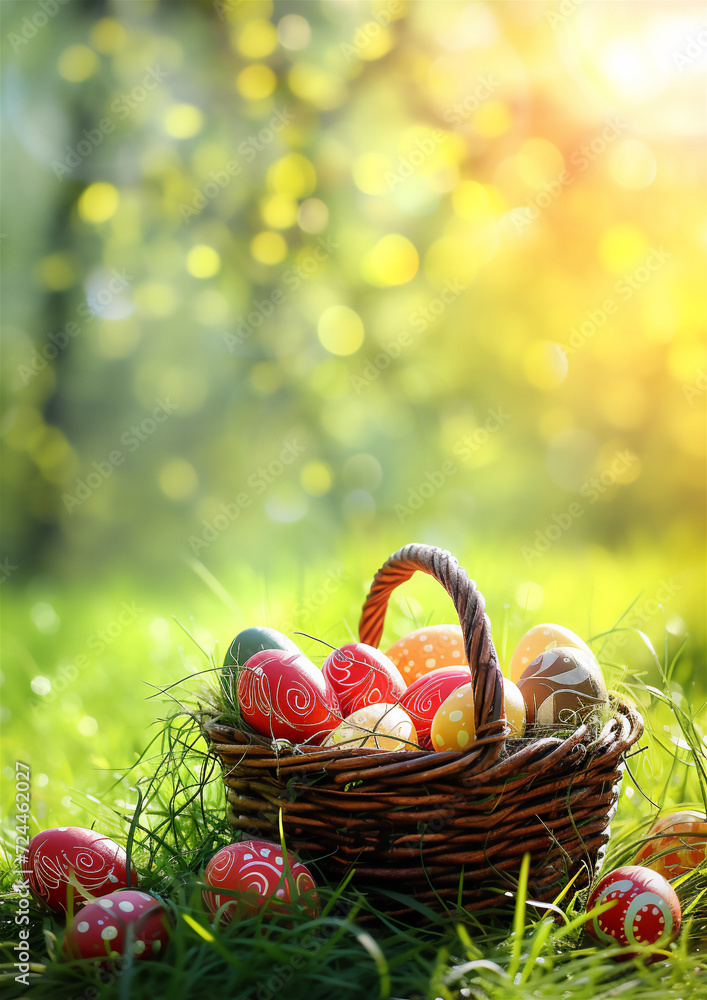 Easter Eggs in a Basket on a Green Grass background