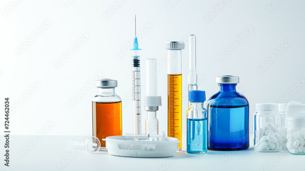 Professional medical setup with precision: Syringe, medicine bottles, and syrup depicted against a white background Professional medical setup with precision: Syringe, medicine bottles, and syrup depicted against a white background