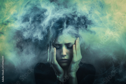 Surreal depressed woman suffered from mental illness stressed over thinking anxiety mental illness concept.